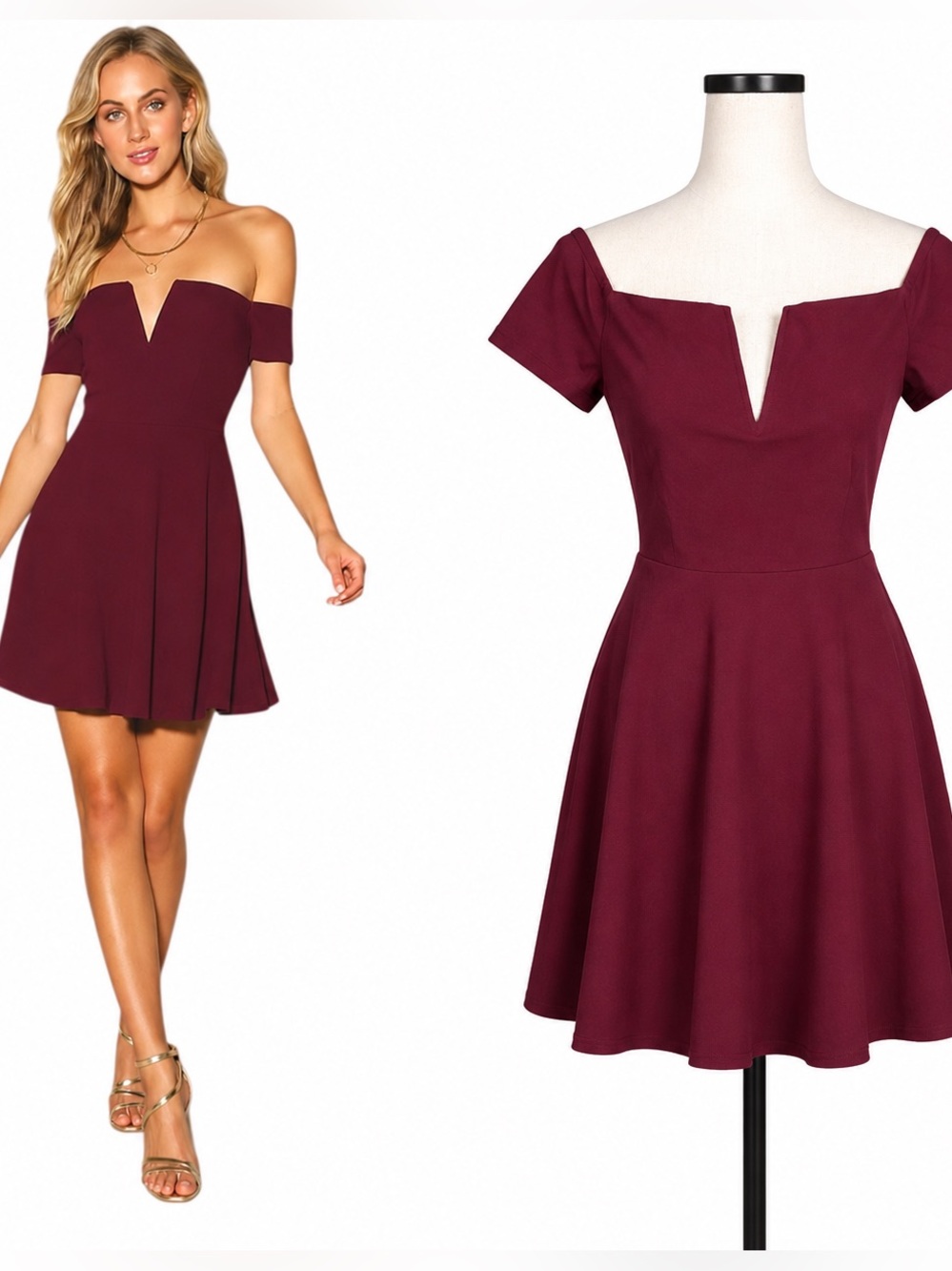 Lulus Burgundy Off Shoulder Skater Dress M Play The Party Stretch Cocktail Mini